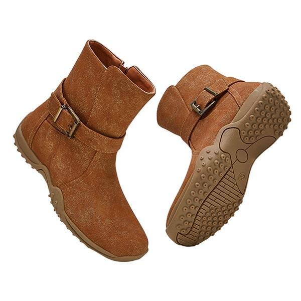 Prettyava Women Daily Leather Adjustable Buckle Flat Boots