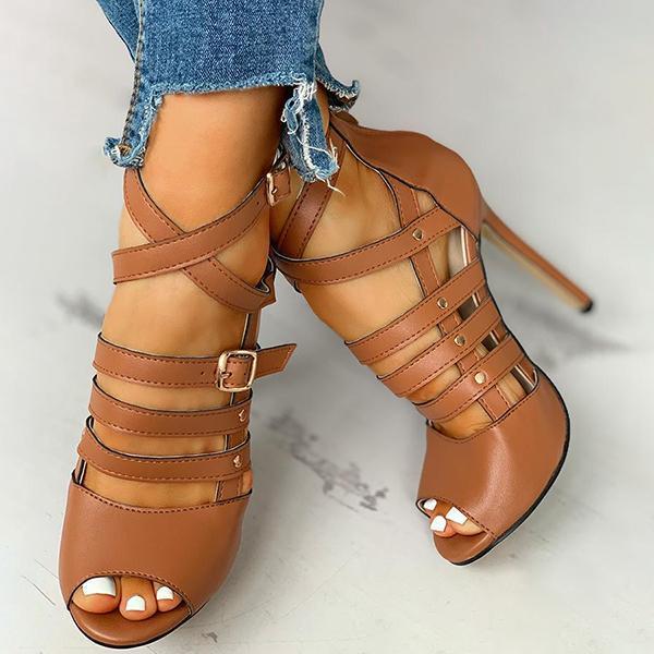 Prettyava Solid Hollow Out Ankle Strap Thin Heeled Sandals