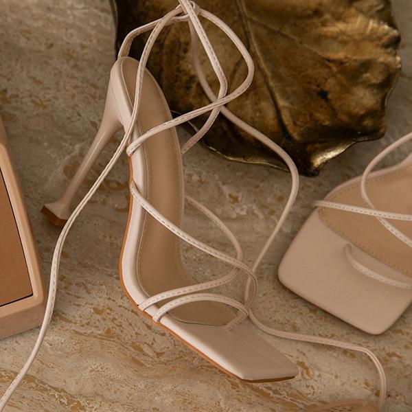 Prettyava Around-The-Ankle Lace-Up Closure Open Squared Toe Heels