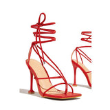 Prettyava Lace-Up Open Squared Toe Thong Strap Heels