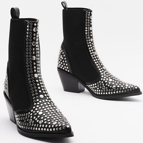 Prettyava Sexy Pointed Rivet Elastic Ankle Boots