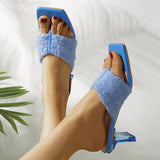 Prettyava Solid Color Plush Square Toe Low Heel Sandals