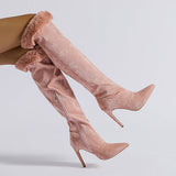 Prettyava Elegant Pointed Toe High Heeled Suede Knee High Boots