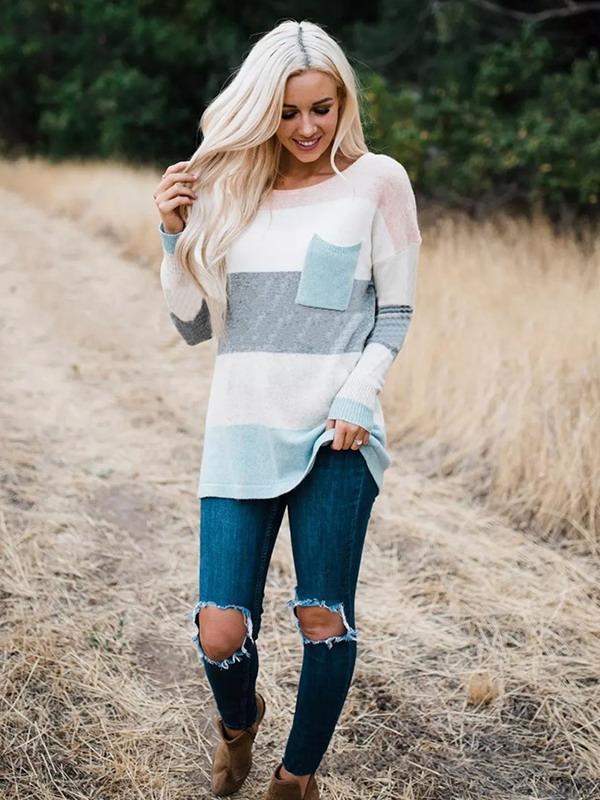 Prettyava Stripe Round Neck Cute Sweater