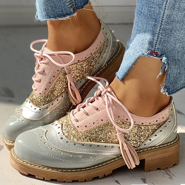 Prettyava Lace-Up Sequins Insert Chunky Heeled Boots