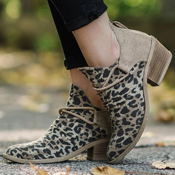 Prettyava Leopard Chunky Heel Canvas Boots